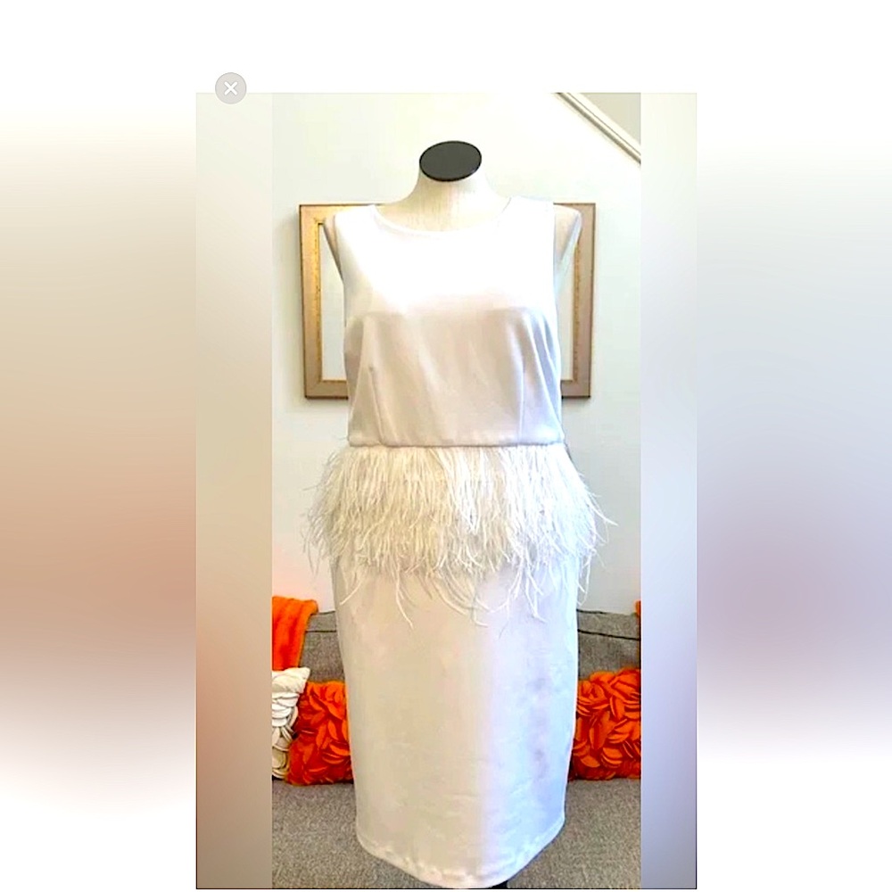 Eloquii White Sleeveless Feather Trim Sheath Dress
